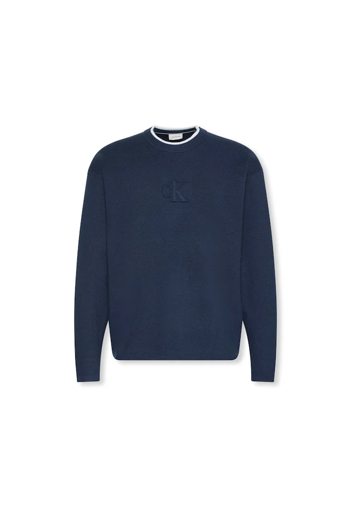 Calvin Klein Jeans miesten neule, LS EMBOSSED LOGO CREWNK SWEATER Sininen
