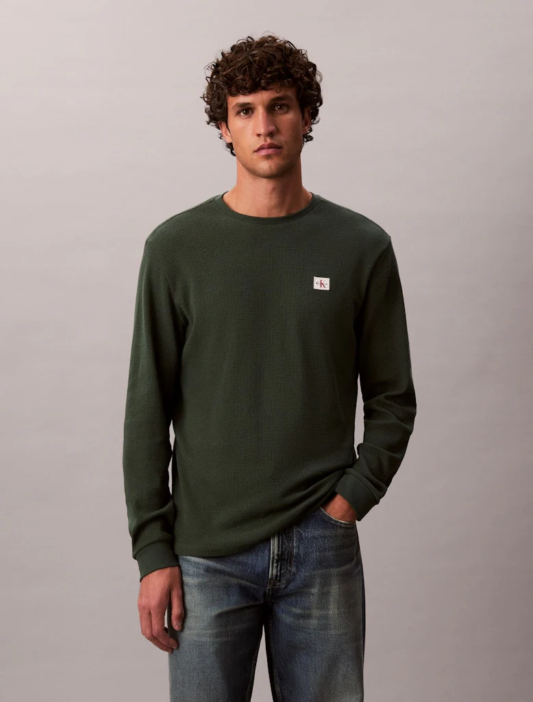 Calvin Klein Jeans miesten paita, LS WAFFLE BADGE CREWNK TEE Armeijanvihreä