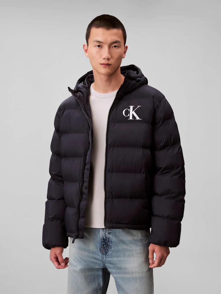 Calvin Klein Jeans miesten Puffertakki, LS NYLON MONOGRAM PUFFER JACKET Tummansininen