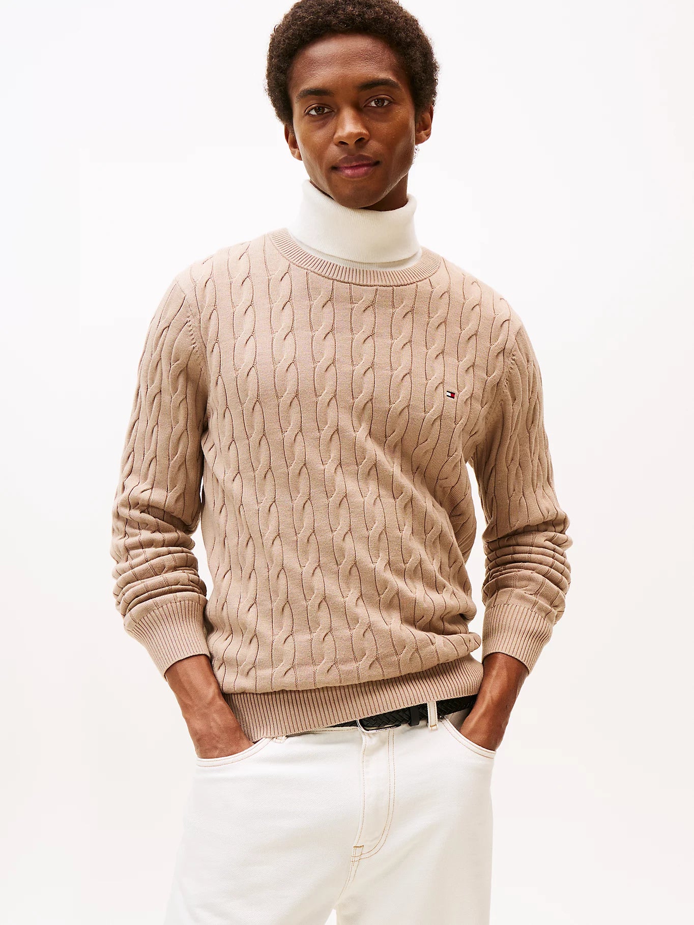 Tommy Hilfiger miesten neulepaita Classic Cotton Cable Crew Neck, beige