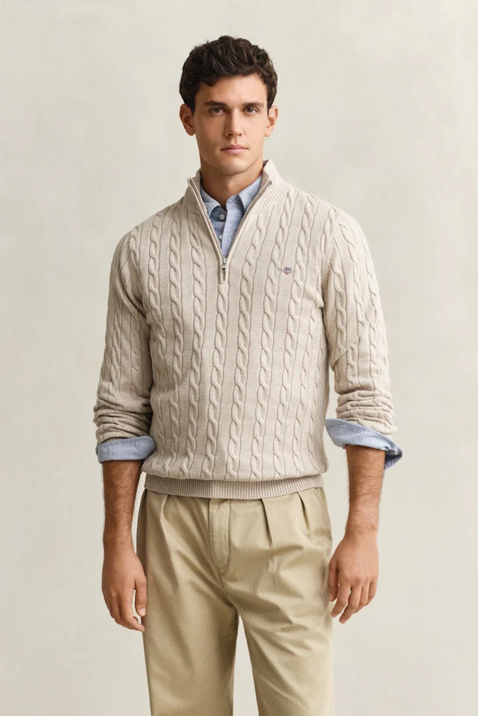 Gant miesten neulepusero Cotton Cable Half Zip, vaalea beige