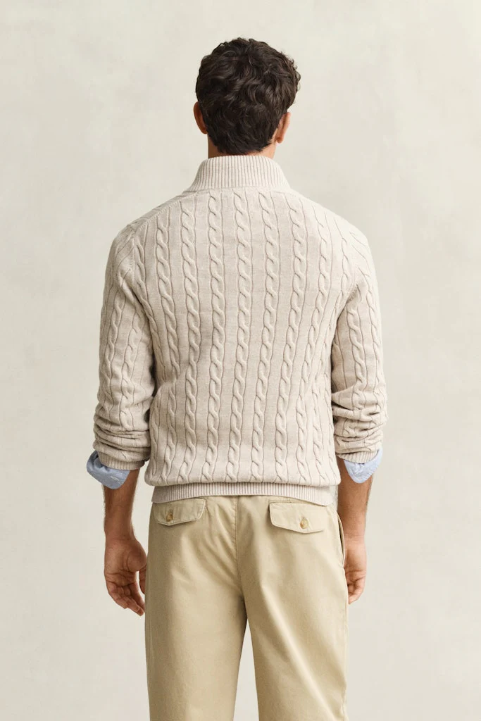 Gant miesten neulepusero Cotton Cable Half Zip, vaalea beige - Image 2