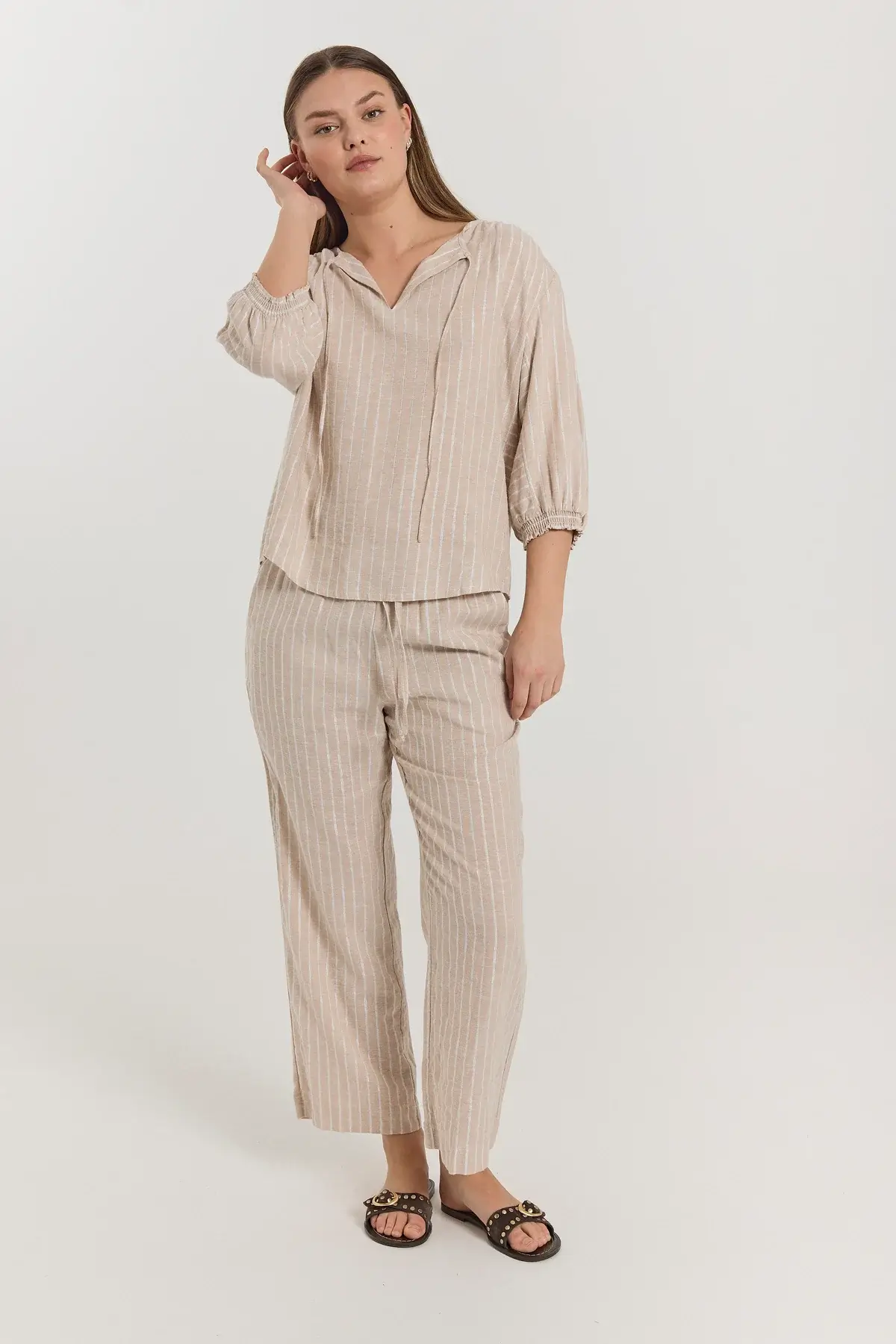 Freequent naisten housut, LALUX PANTS Raidallinen Beige - Image 5