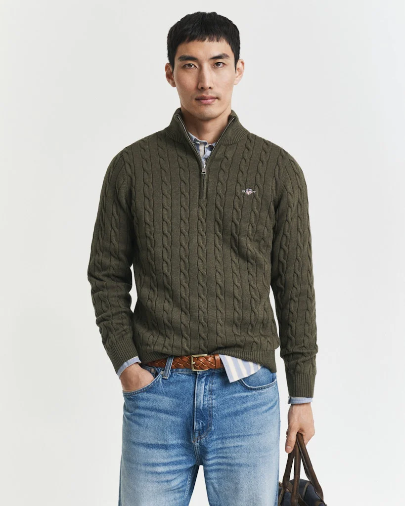 Gant miesten neule, COTTON CABLE HALF ZIP Tummanvihreä