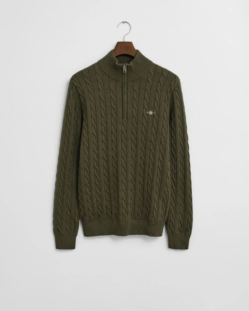 Gant miesten neule, COTTON CABLE HALF ZIP Tummanvihreä - Image 3