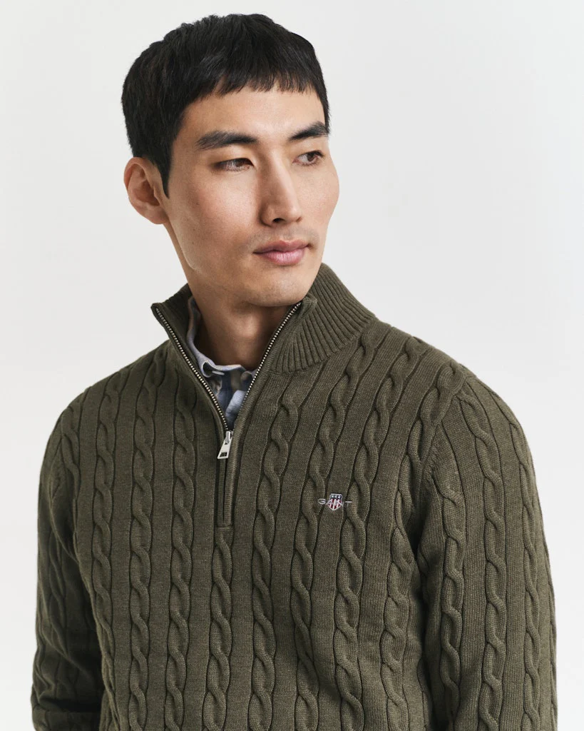 Gant miesten neule, COTTON CABLE HALF ZIP Tummanvihreä - Image 4