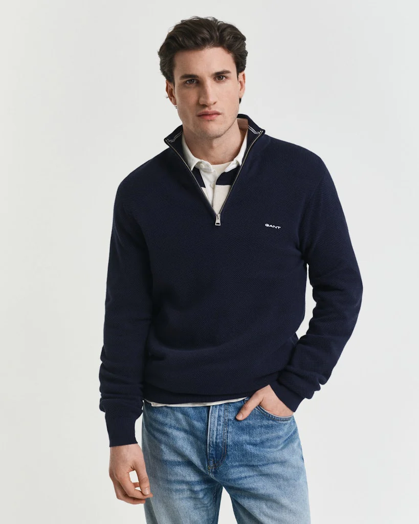 Gant miesten neulepusero Cotton Pique Half Zip, tummansininen