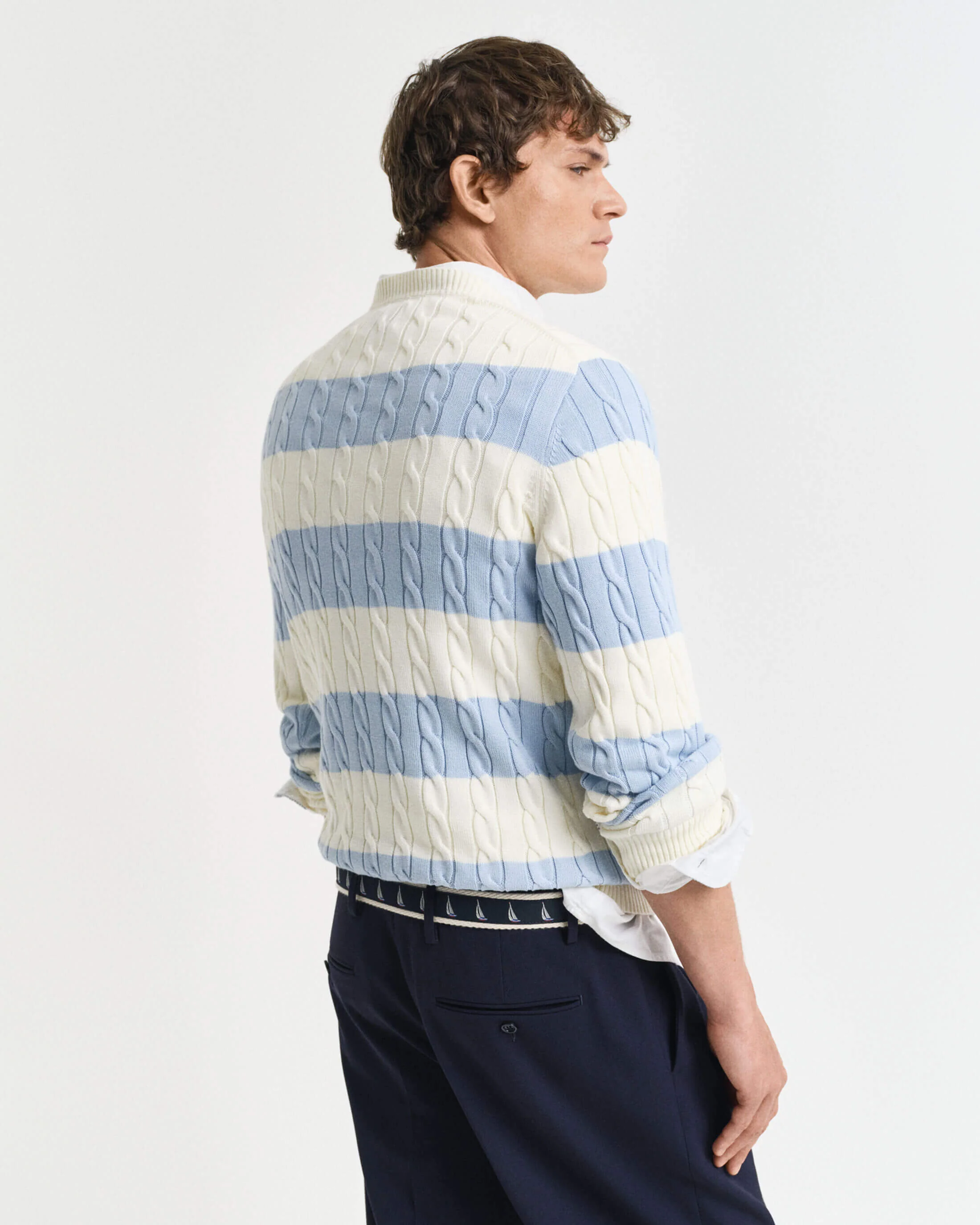 Gant miesten neule, STRIPED COTTON CABLE C-NECK Raita Vaaleansininen - Image 2