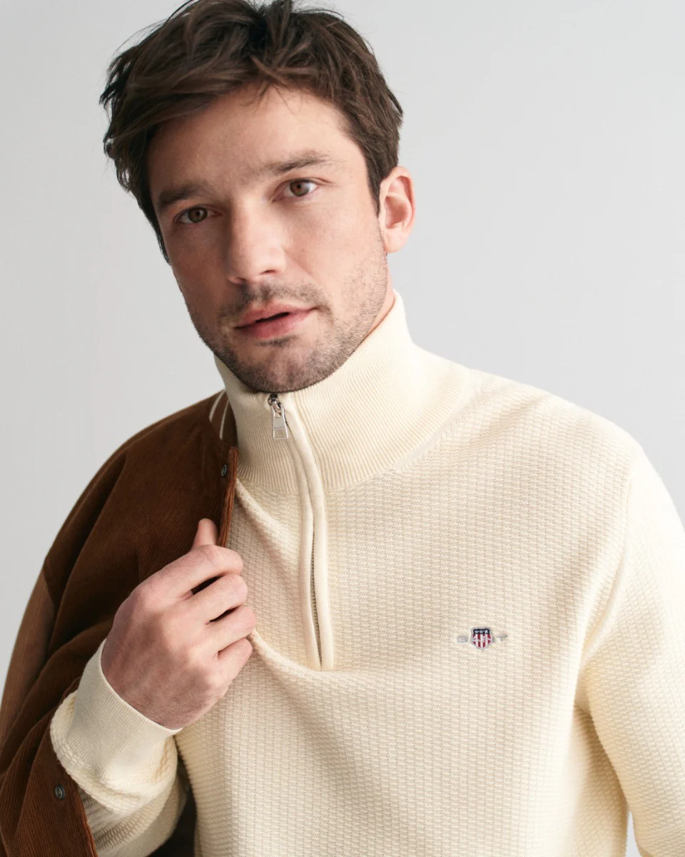 Gant Miesten Neulepusero, COTTON MICRO TEXTURED HALF ZIP Luonnonvalkoinen - Image 4