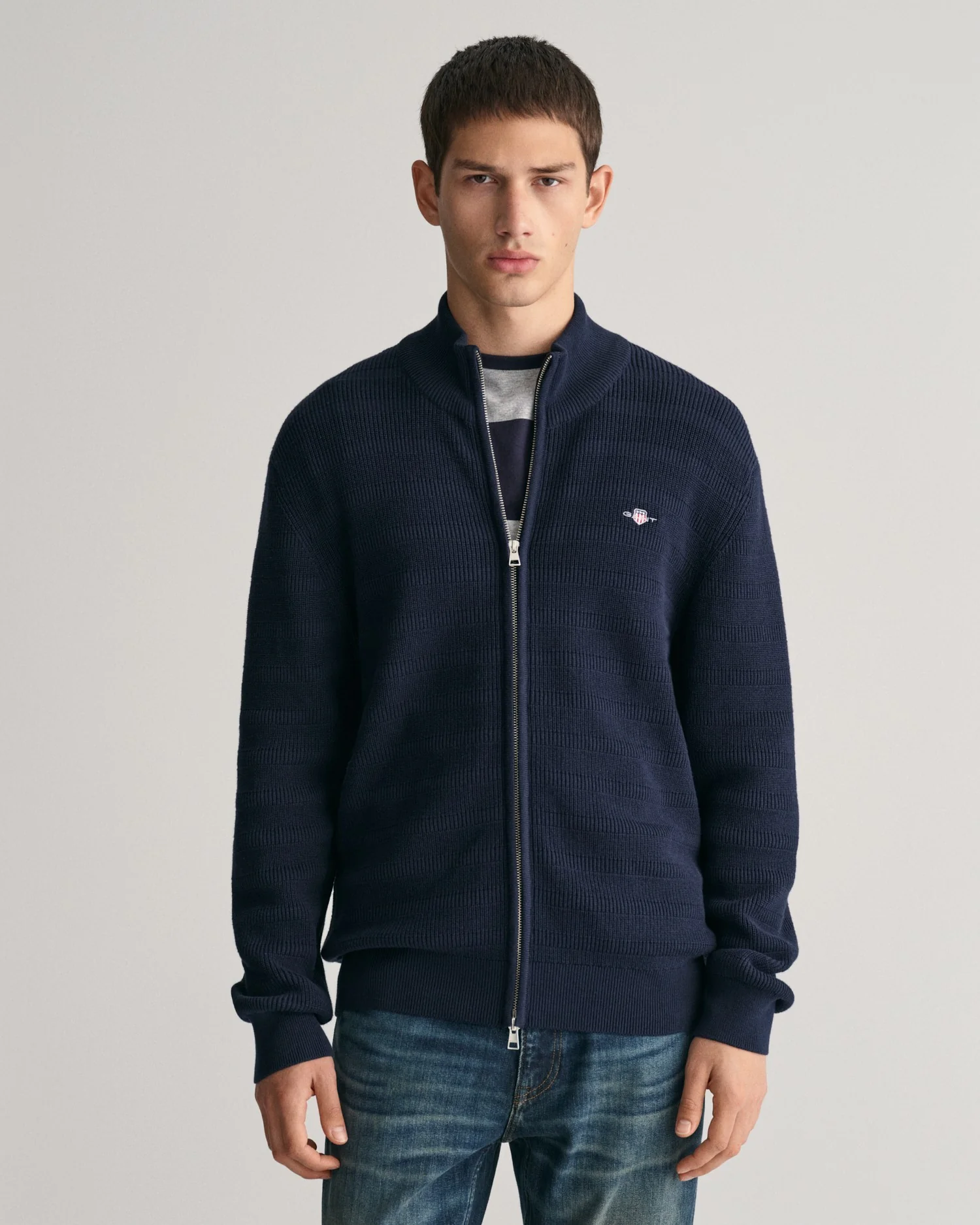 Gant miesten neuletakki, STRIPE TEXTURED COTTON FULL ZIP Tummansininen