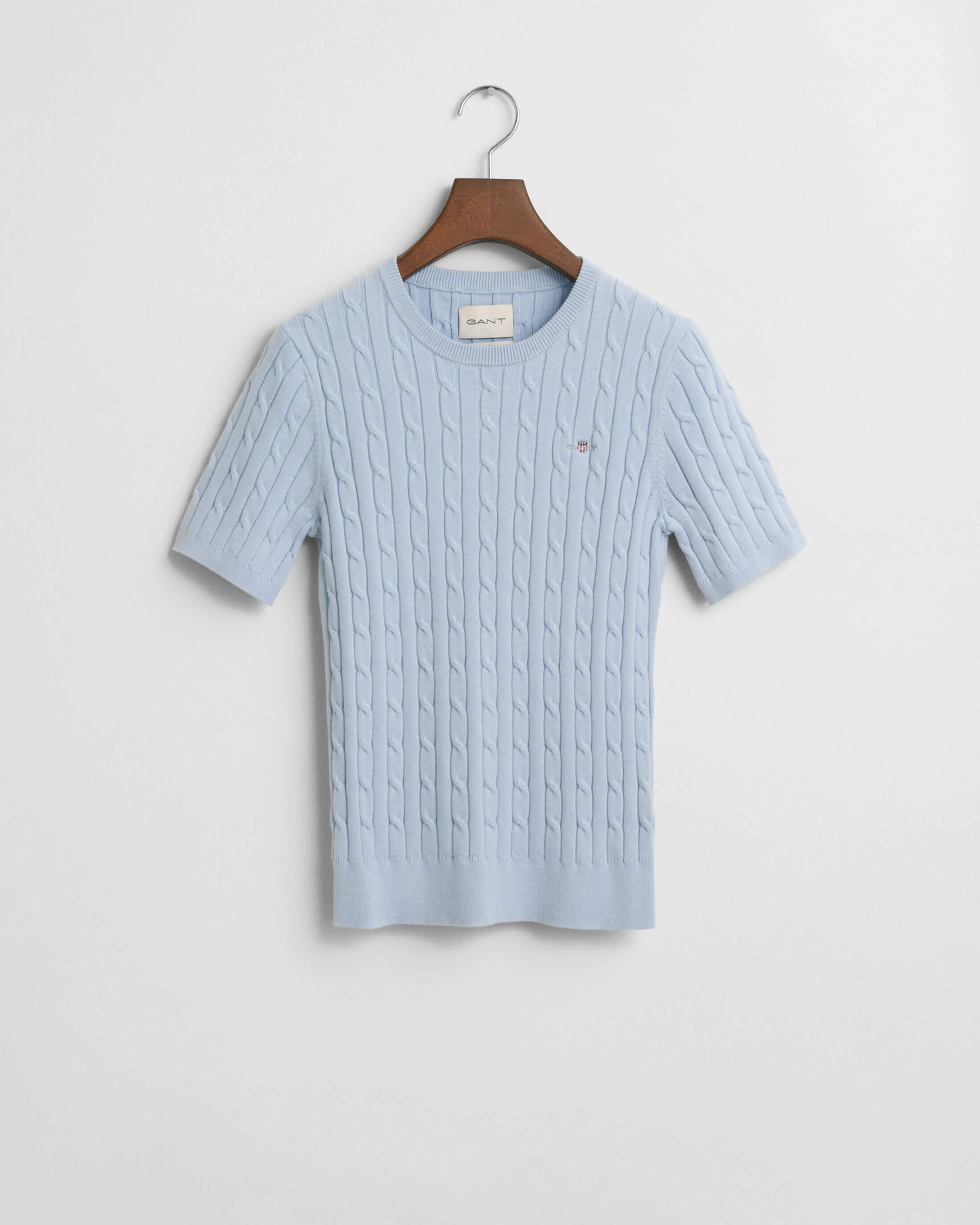 Gant naisten lyhythihainen neulepusero, STRETCH COTTON CABLE SS C-NECK Vaaleansininen