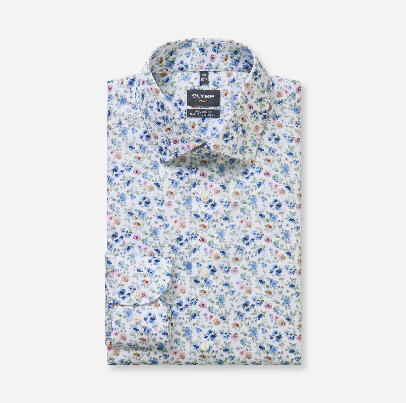 Olymp kauluspaita +Hiha Luxor Modern Fit Floral Print, valkopohjainen kuosi - Image 2