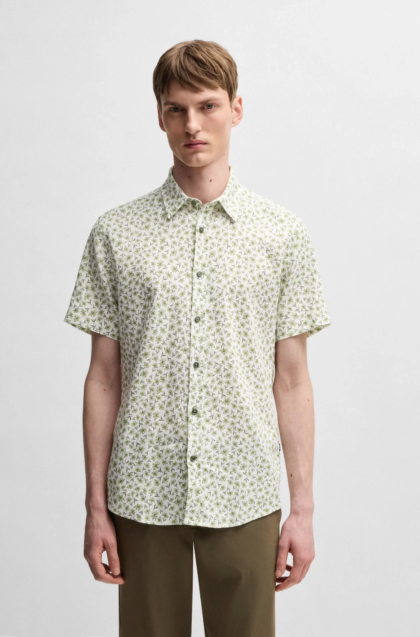 Hugo Boss miesten lyhythihainen kauluspaita,ROAN STRECH COTTON LINEN Vihreä Kuosi