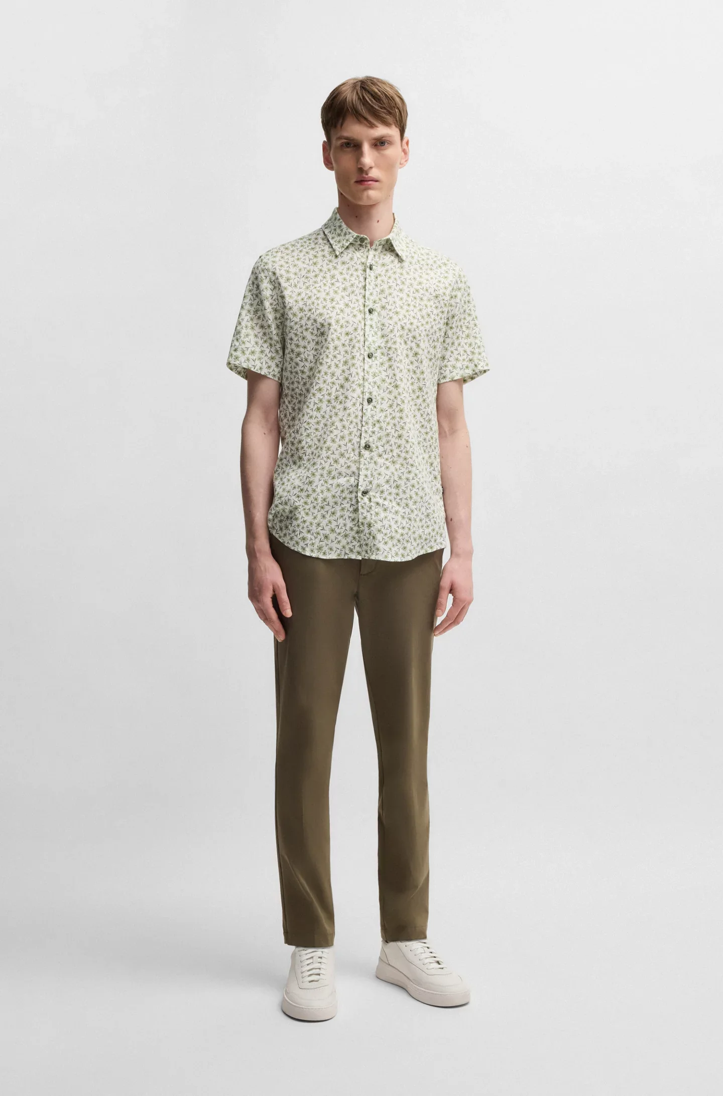 Hugo Boss miesten lyhythihainen kauluspaita,ROAN STRECH COTTON LINEN Vihreä Kuosi - Image 3