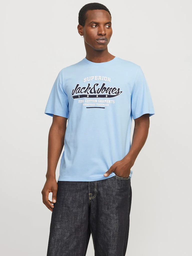 Jack and Jones miesten t-paita, JJELOGO TEE SS O-NECK 2 COL SS25 SN Chambray Blue