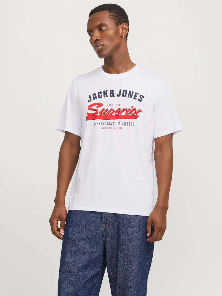 Jack and Jones miesten t-paita, JJELOGO TEE SS O-NECK 2 COL SS25 SN White