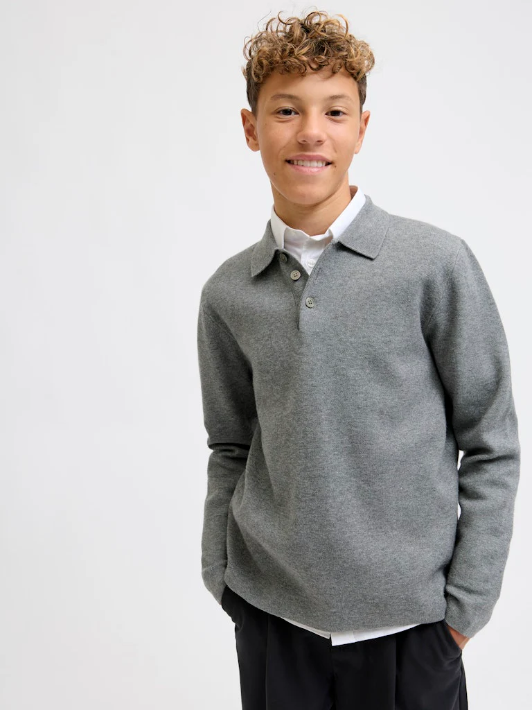 Jack and Jones Junior lasten neulepusero JPRBLABRADFORT KNIT POLO LN JNR, harmaa - Image 7