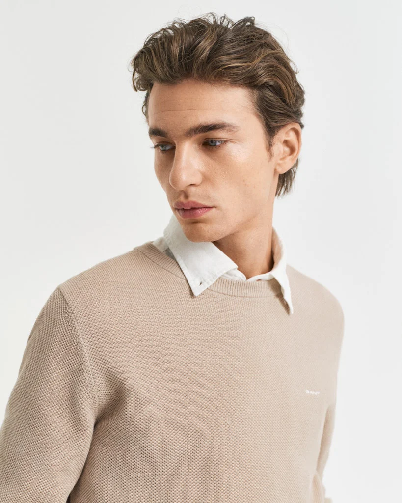 Gant miesten neulepusero K Cotton Pique C-Neck, ruskeanharmaa - Image 4