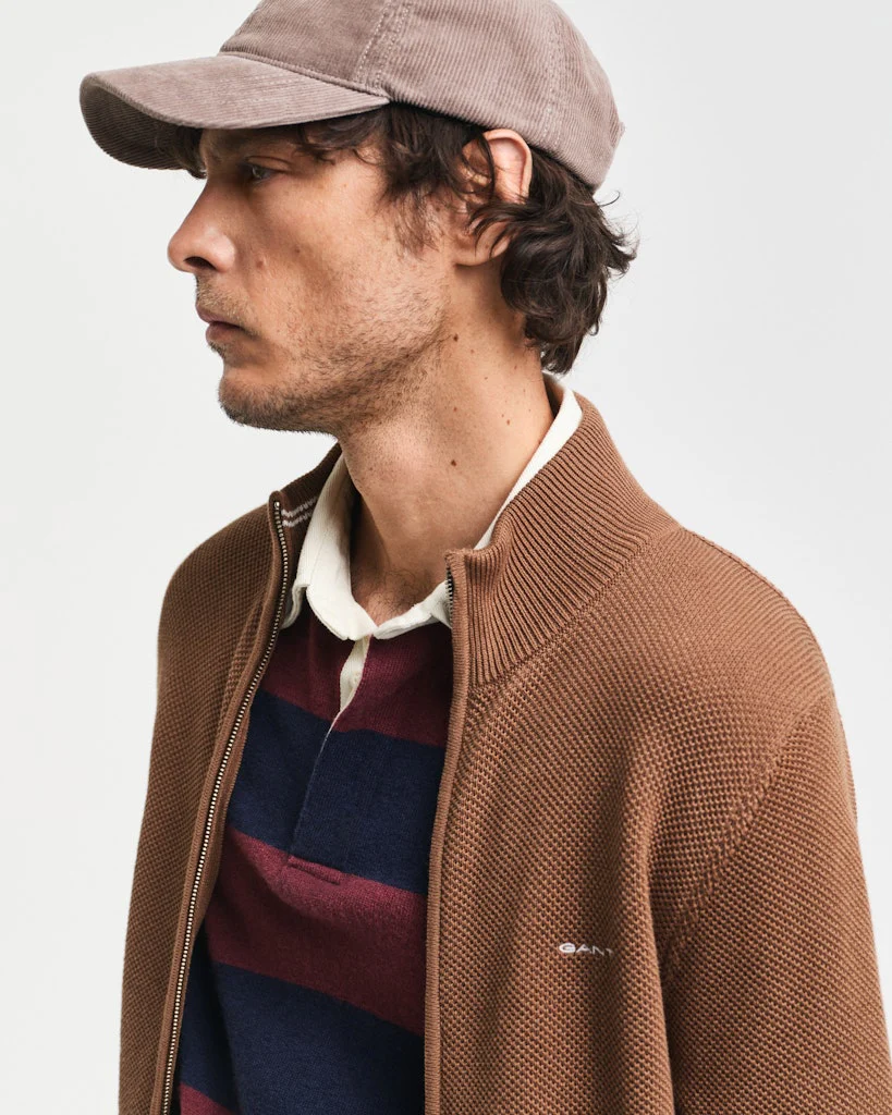 Gant miesten neuletakki K Cotton Pique Zip Cardigan, harmaanruskea - Image 4