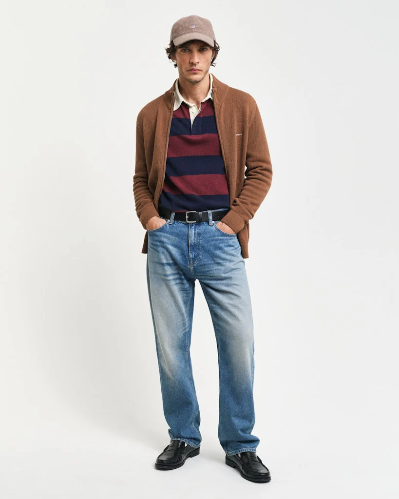 Gant miesten neuletakki K Cotton Pique Zip Cardigan, harmaanruskea - Image 5