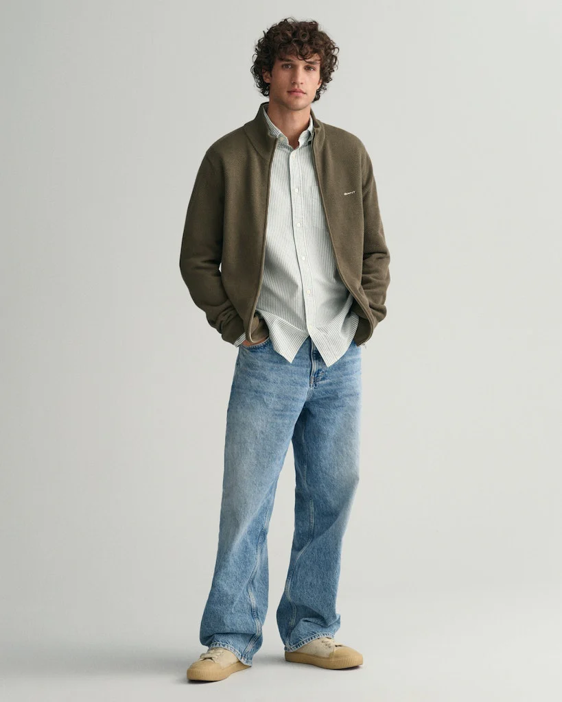 Gant miesten neuletakki K Cotton Pique Zip Cardigan, khaki - Image 10
