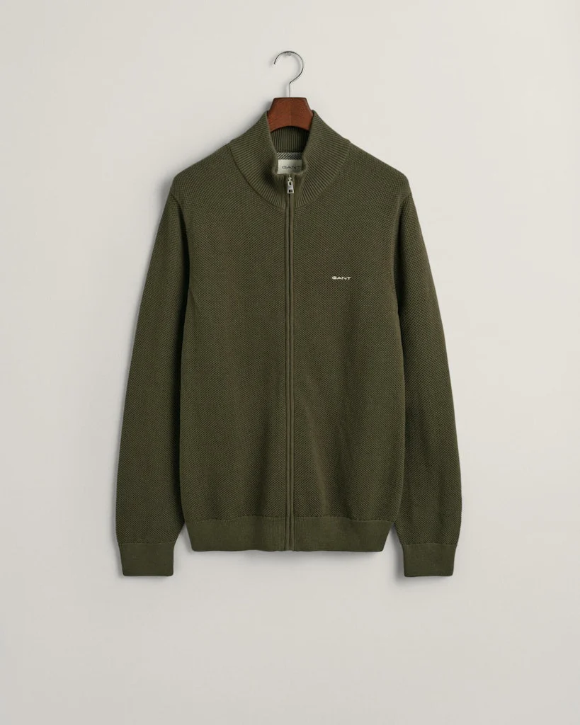 Gant miesten neuletakki K Cotton Pique Zip Cardigan, khaki - Image 3