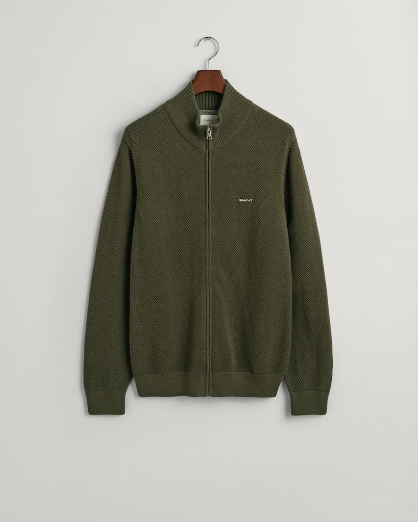 Gant miesten neuletakki K Cotton Pique Zip Cardigan, khaki - Image 6