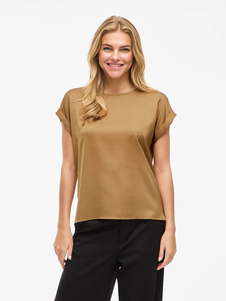 Vila naisten lyhythihainen toppi K-Viellette S/S Satin Top - NOOS, Bistre
