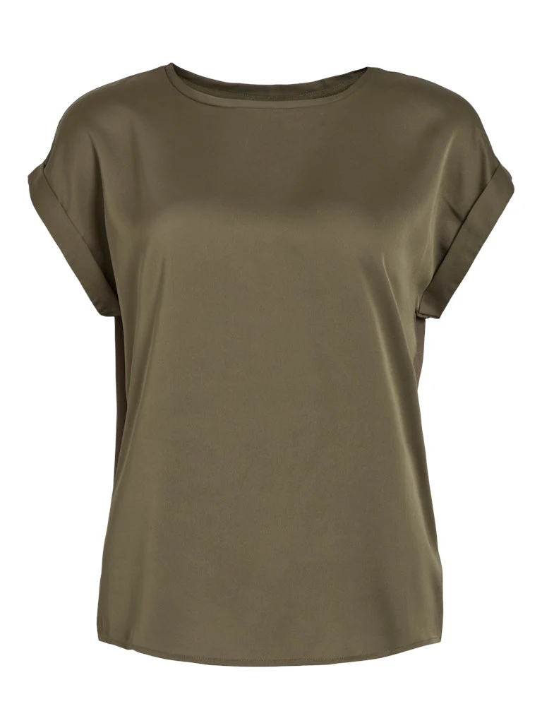 Vila naisten lyhythihainen toppi K-Viellette S/S Satin Top - NOOS, Dusty Olive - Image 2