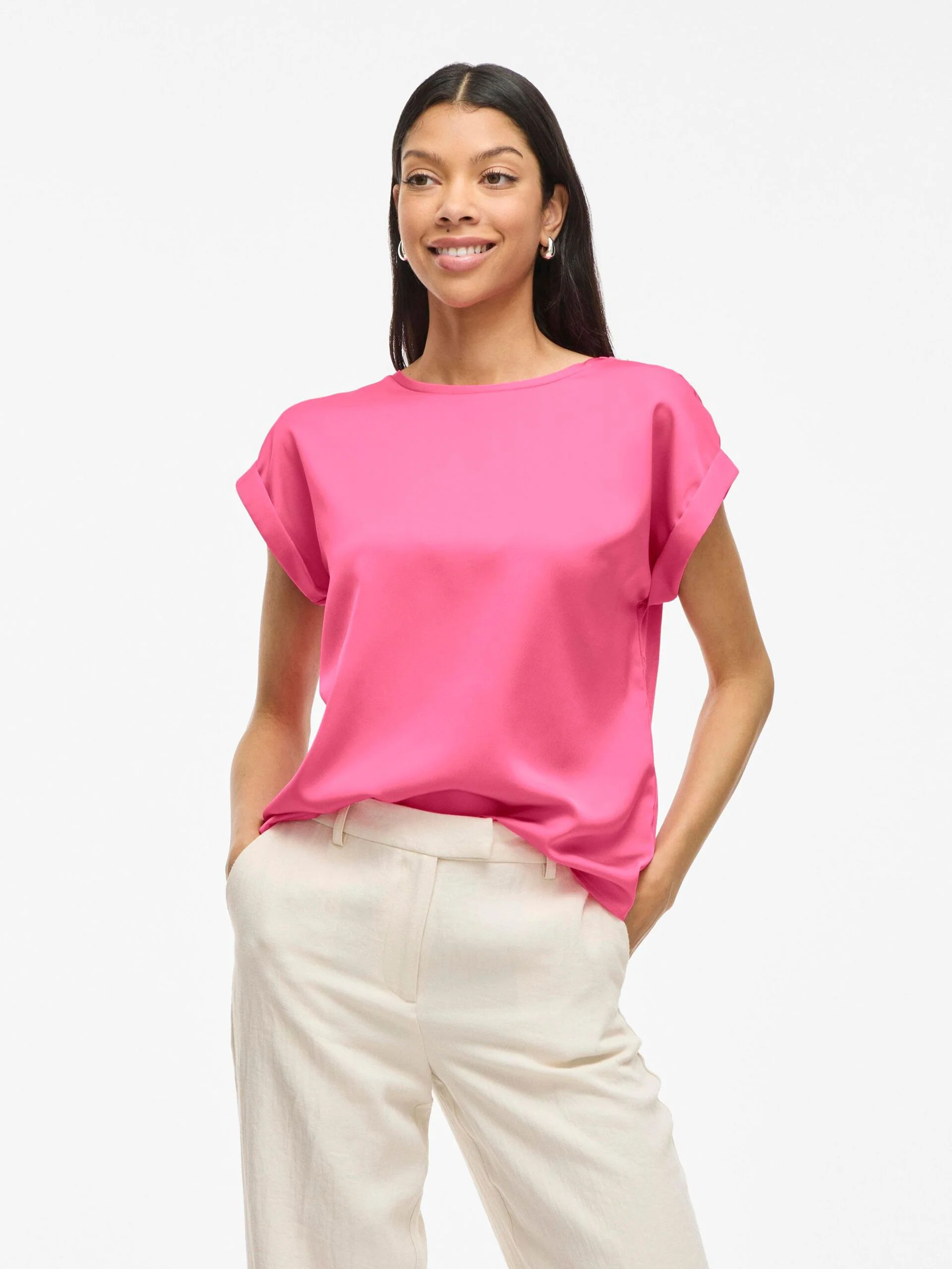 Vila naisten lyhythihainen toppi K-Viellette S/S Satin Top - NOOS, Sangria Sunset
