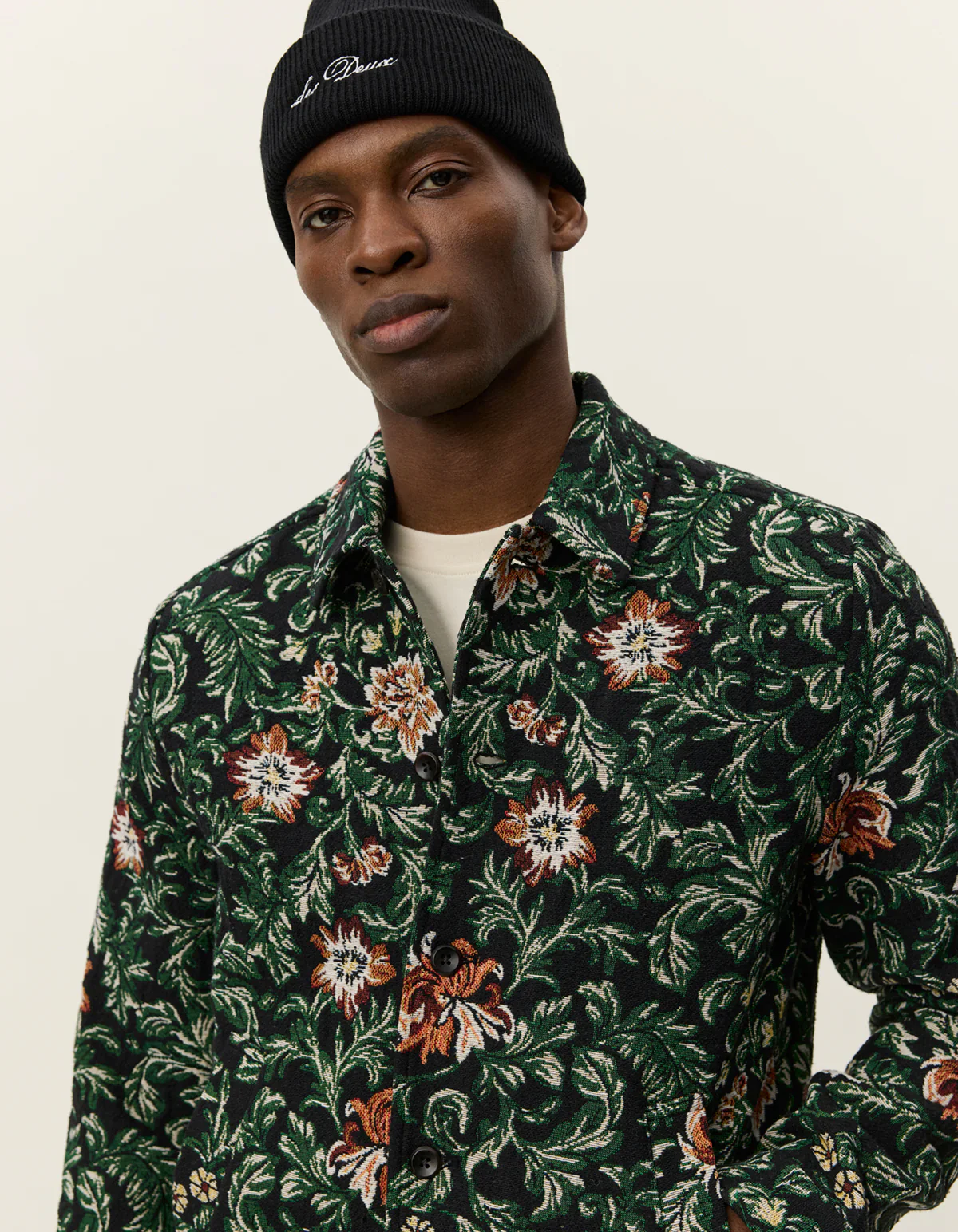 Les Deux miesten paitatakki, JAIDEN FLOWER JACQUARD OVERSHIRT Musta Kuosi - Image 4