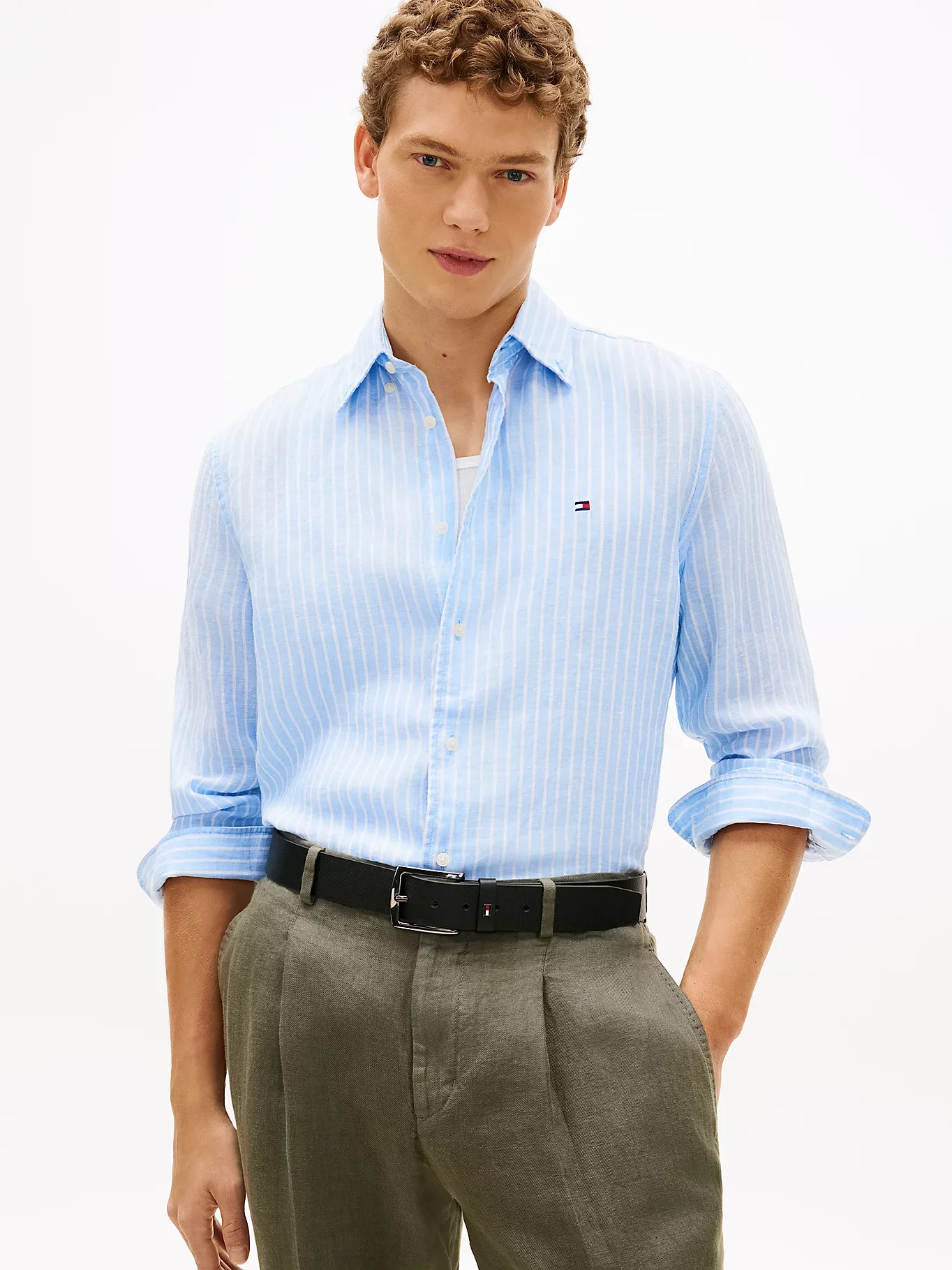 Tommy Hilfiger miesten pellavapaita Linen Bengal Stripe RF Shirt, raidallinen sininen