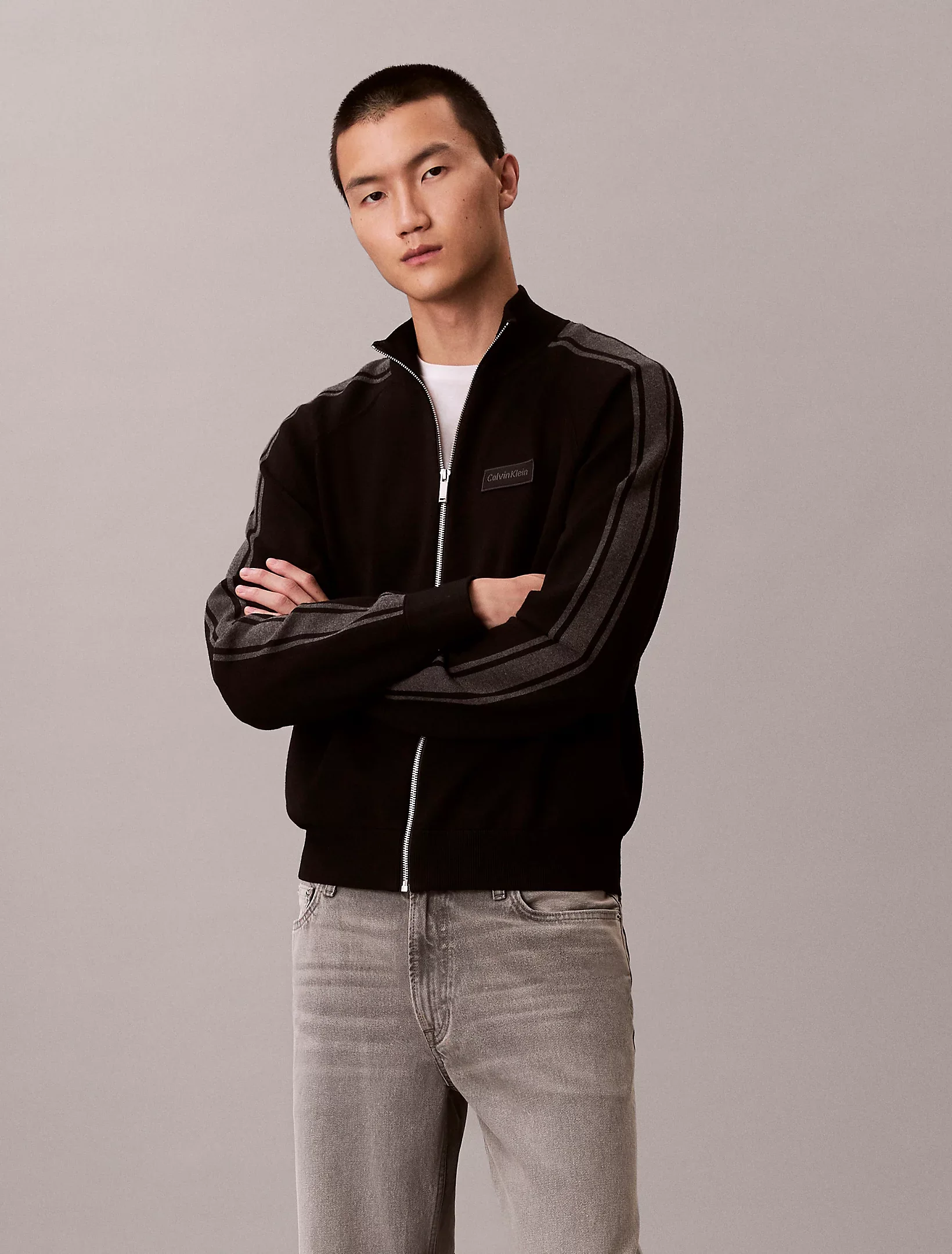 Calvin Klein miesten neuletakki LS Tech Knit Track Jacket FZ SWT, musta