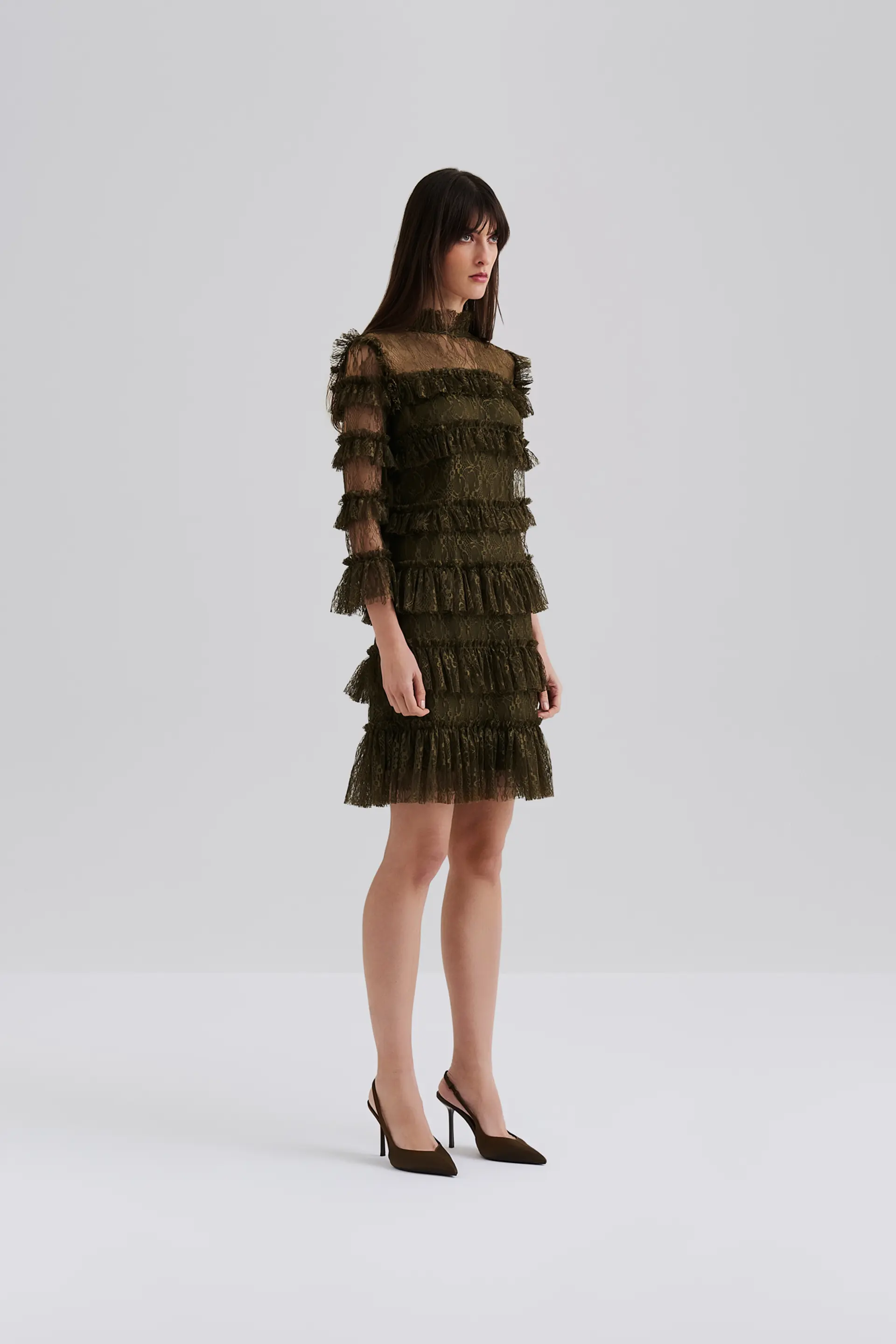 Malina naisten mekko, CARMINE FRILL LACE MINI DRESS Tummanvihreä