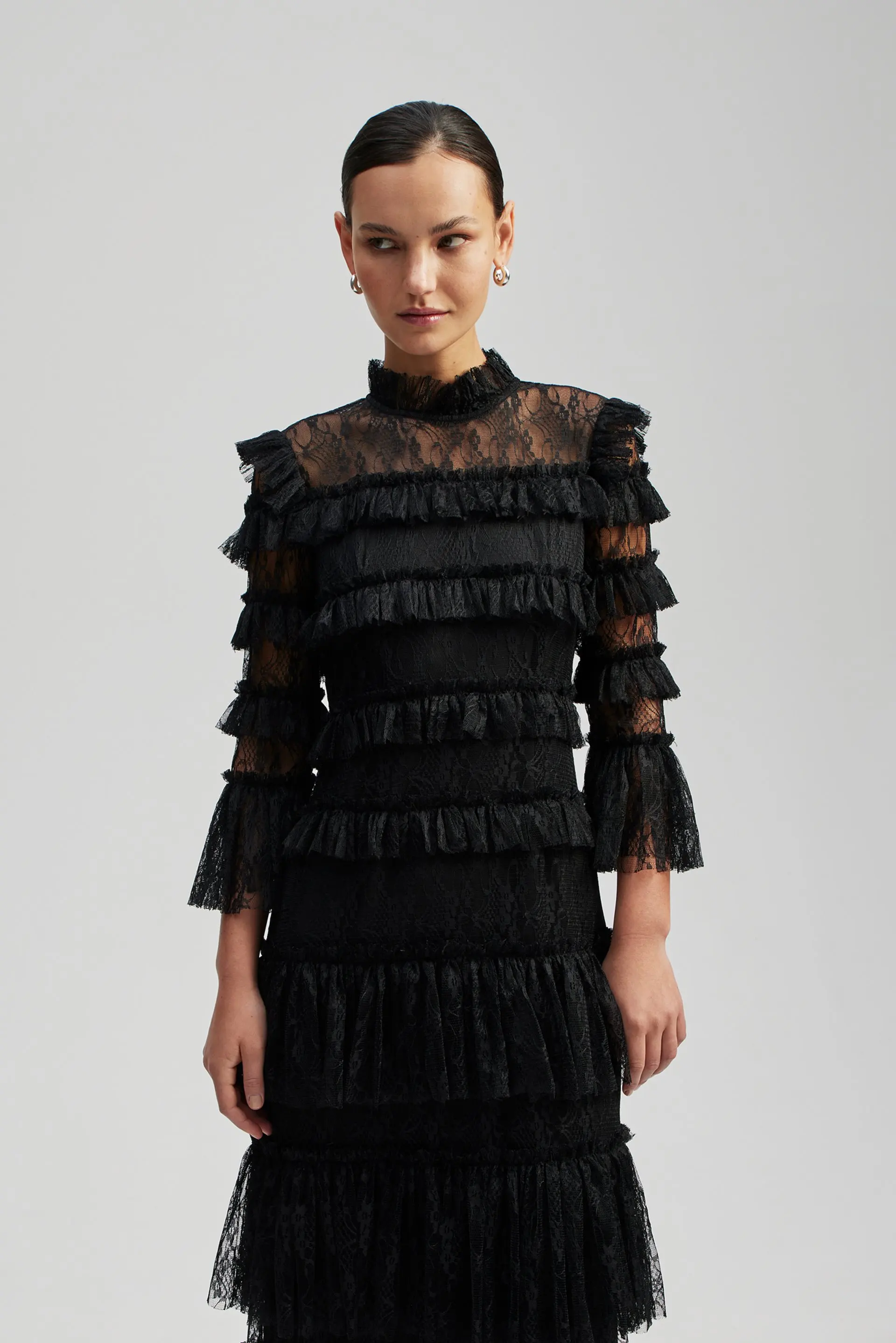 Malina naisten mekko, CARMINE LONG SLEEVE LACE MAXI DRESS Musta - Image 3