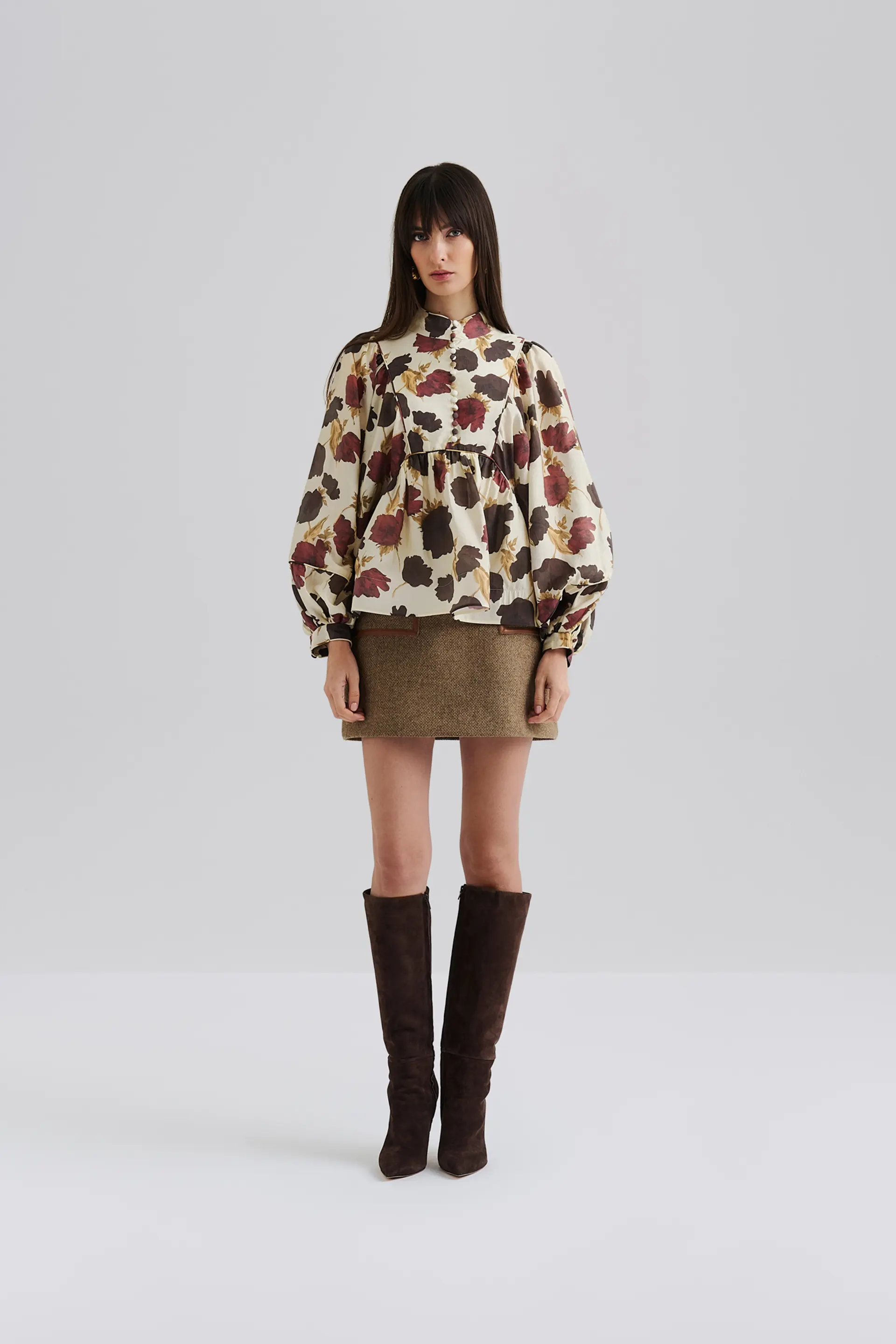 Malina naisten pusero, PERNILLA HOGH NECK BALLOON SLEEVE BLOUSE Viininpunainen Kuosi