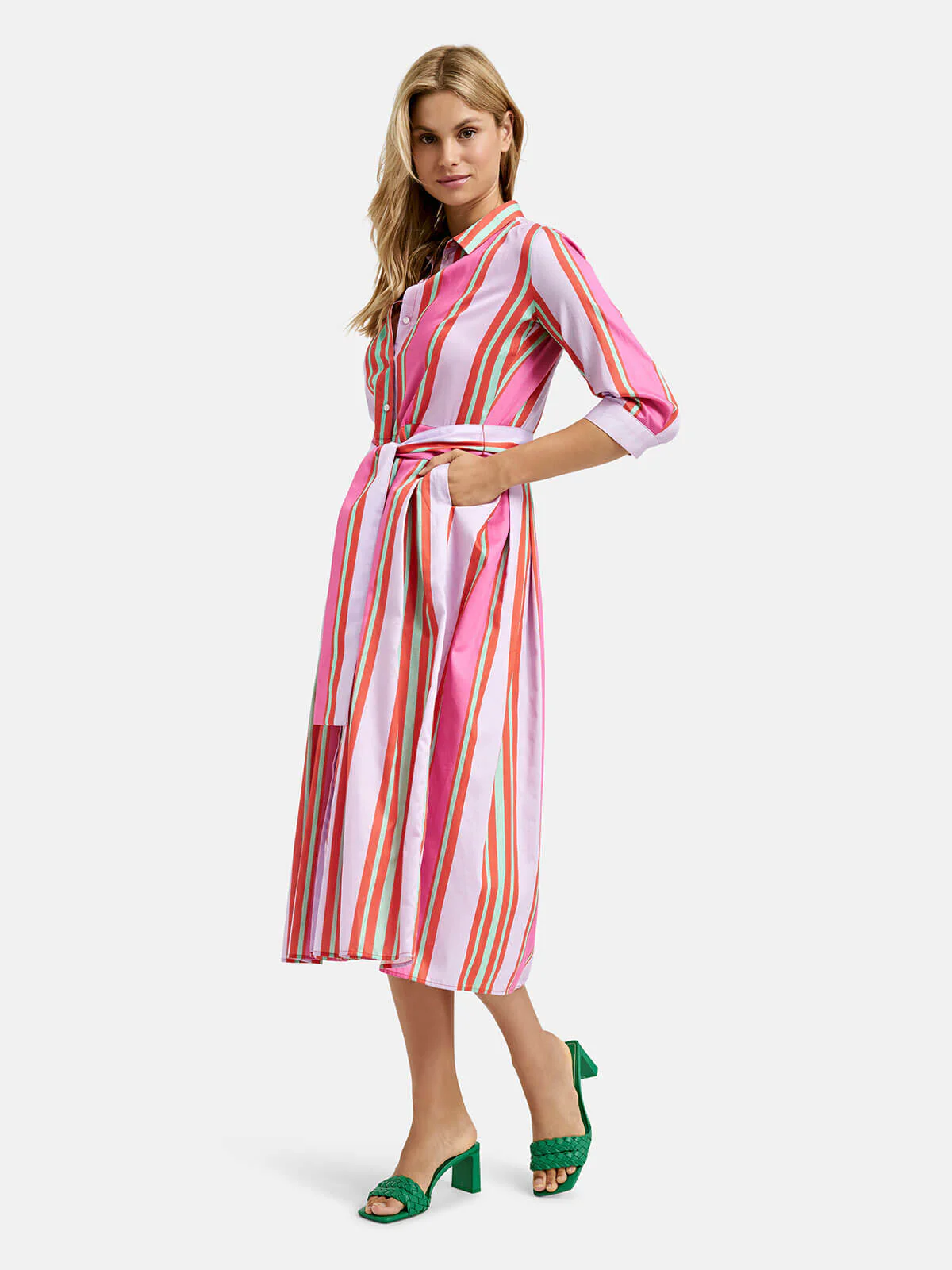 Milano Italy naisten mekko, DRESS 3/4 W BELT Moniväriraita - Image 5