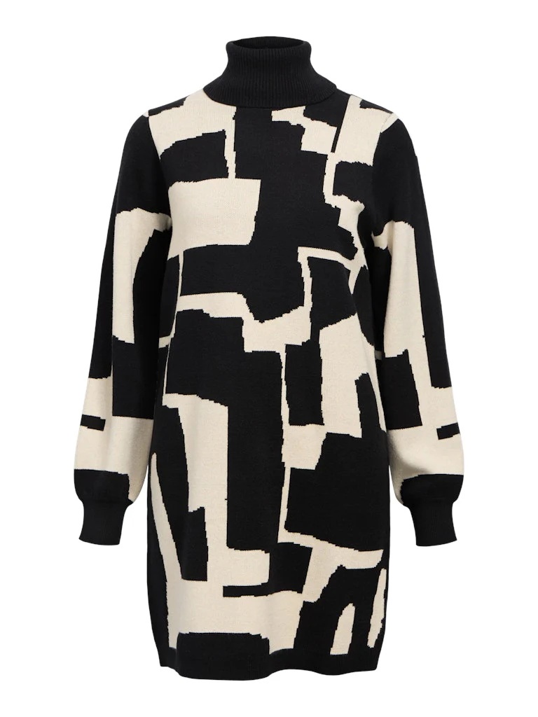 Object Naisten Neulemekko, OBJRAY L/S KNIT ROLLNECK DRESS AOP NOOS Black Sandshell Grap