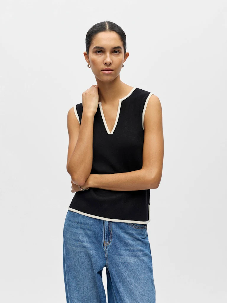 Object naisten toppi OBJVIVA S/L Re V-Neck Knit Top, Black Birch constras