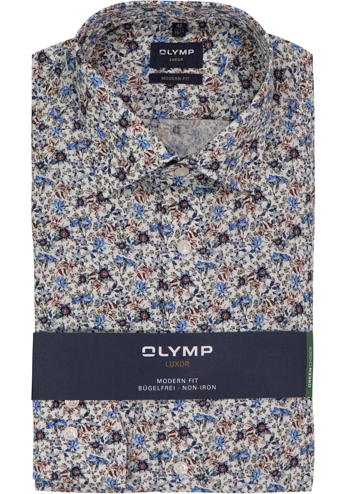 Olymp miesten kauluspaita, 042 LUXOR MODERN FIT FLORAL PRINT Valkopohjainen Kuosi