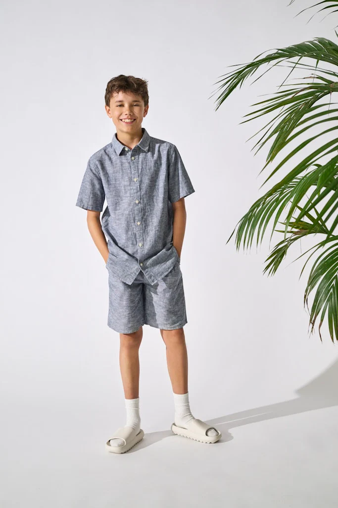 Only and Sons Junior lyhythihainen kauluspaita, OSJCAIDEN SS SOLID LINEN SHIRT Keskisininen - Image 4