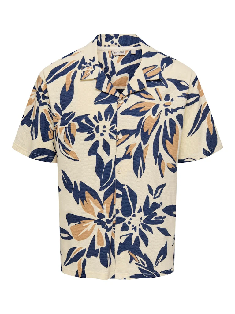 Only and Sons miesten lyhythihainen kauluspaita, PIERO AOP SS JERSEY SHIRT Alabaster Gleam