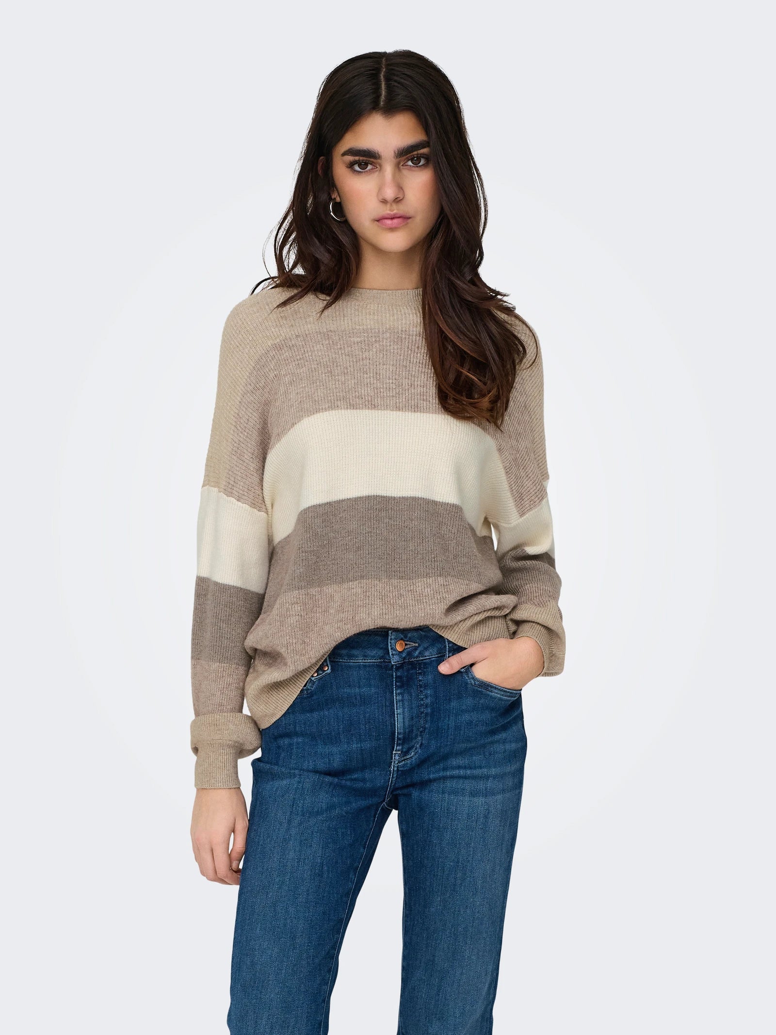 Only naisten neuleet, ONLATIA LS STRIPE PULLOVER Kuosillinen Beige