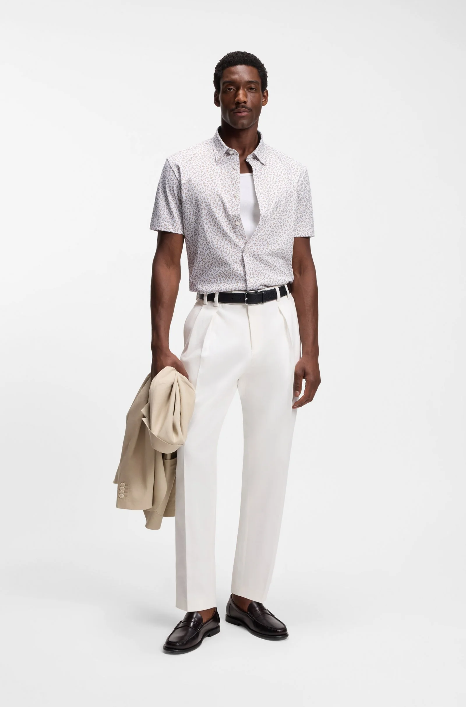 Hugo Boss miesten lyhythihainen kauluspaita P-ROAN-K-SH-F-262 Jersey Strech, ruskea kuosillinen - Image 3