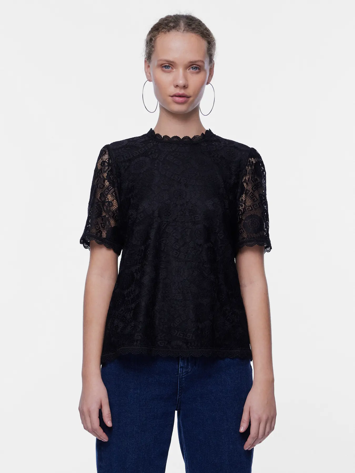 Pieces naisten toppi, PCOLLINE SS LACE TOP WVN Black