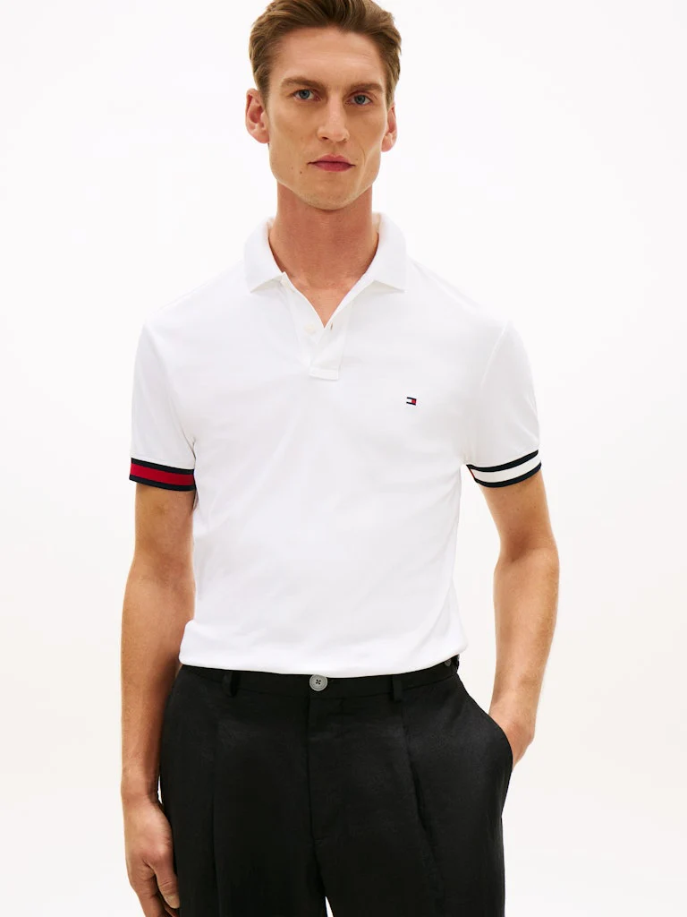 Tommy Hilfiger miesten pikeepaita RWB Cuff Liquid Cottom Slim Polo, valkoinen