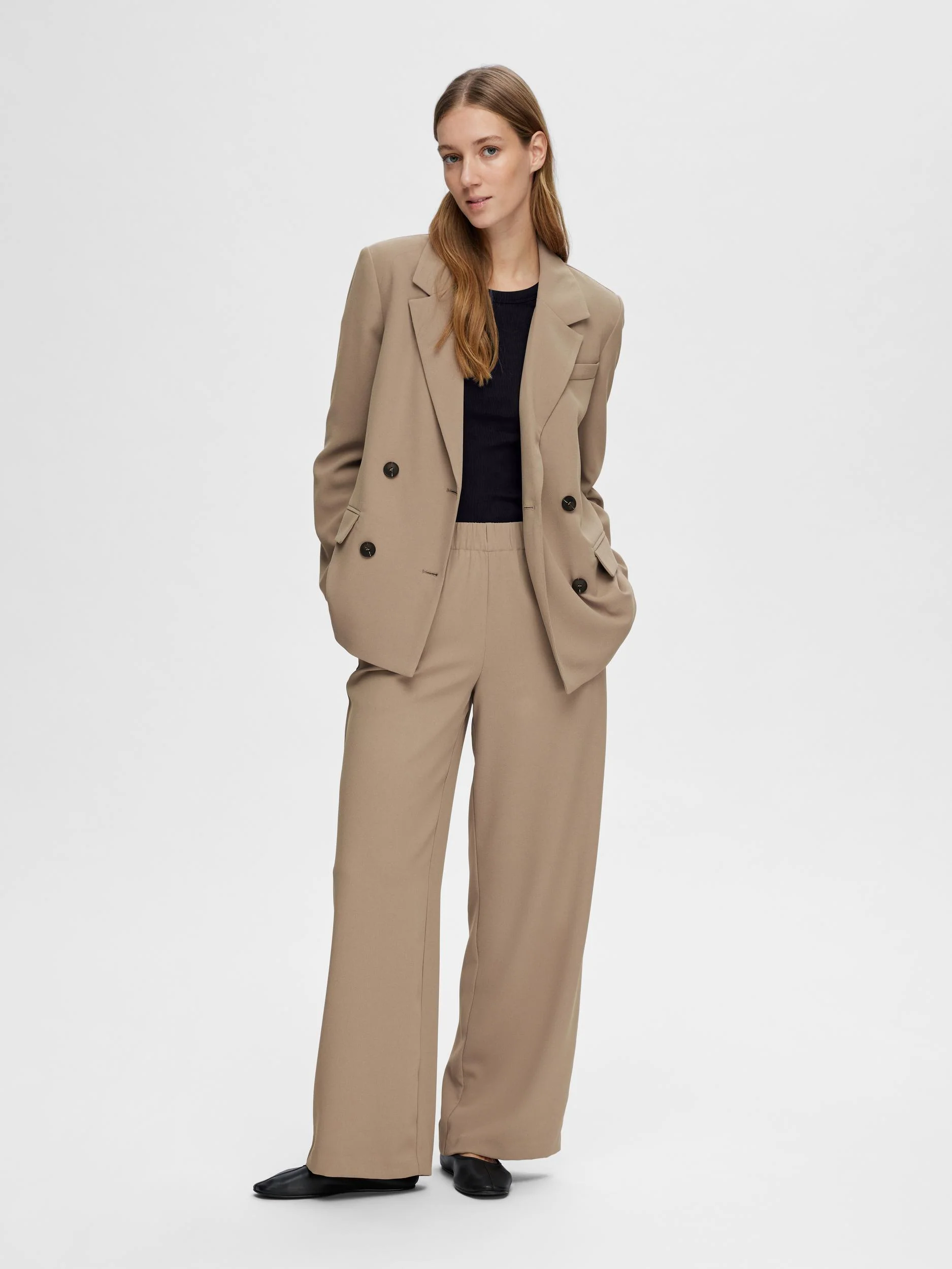 Selected Femme housut, SLFTINNI-RELAXED MW WIDE PANT  Vaalea Beige
