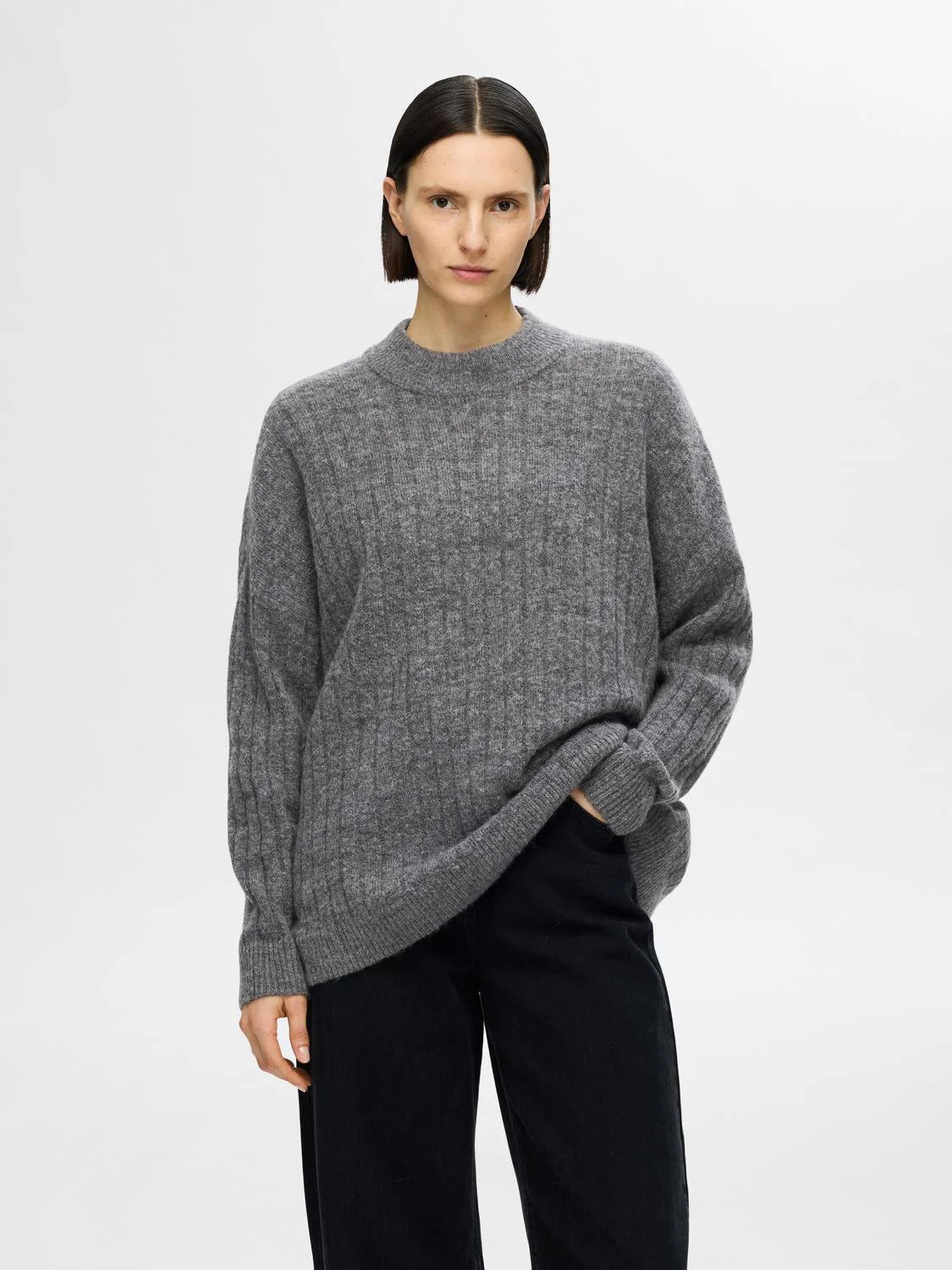 Selected Femme naisten neule, SLFMALINE LS KNIT HIGH NECK Grafiitti