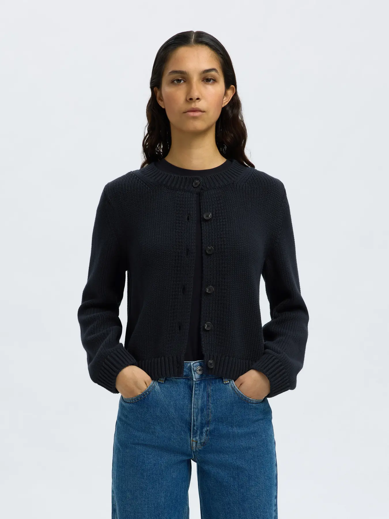 Selected Femme naisten neuletakki, SLFIVY LS KNIT O-NECK CARDIGAN NOOS Tummansininen