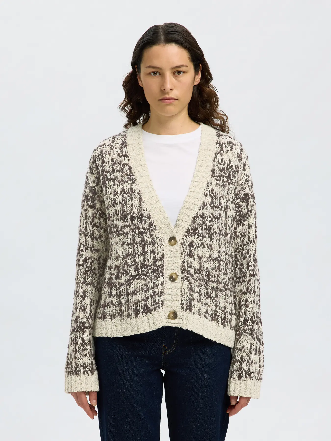 Selected Femme naisten neuletakki, SLFLINDSAY LS KNIT V-NECK CARDIGAN Birch Delicioso